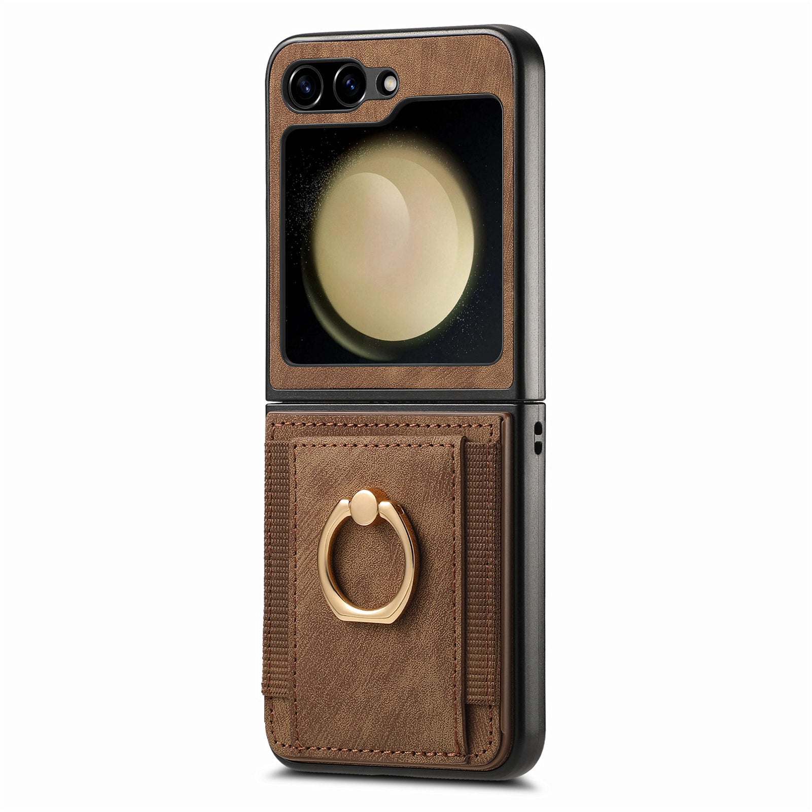 D2 For Samsung Galaxy Z Flip6 5G Case Card Slot Leather+PC Retro Phone Cover Ring Holder Kickstand - Brown