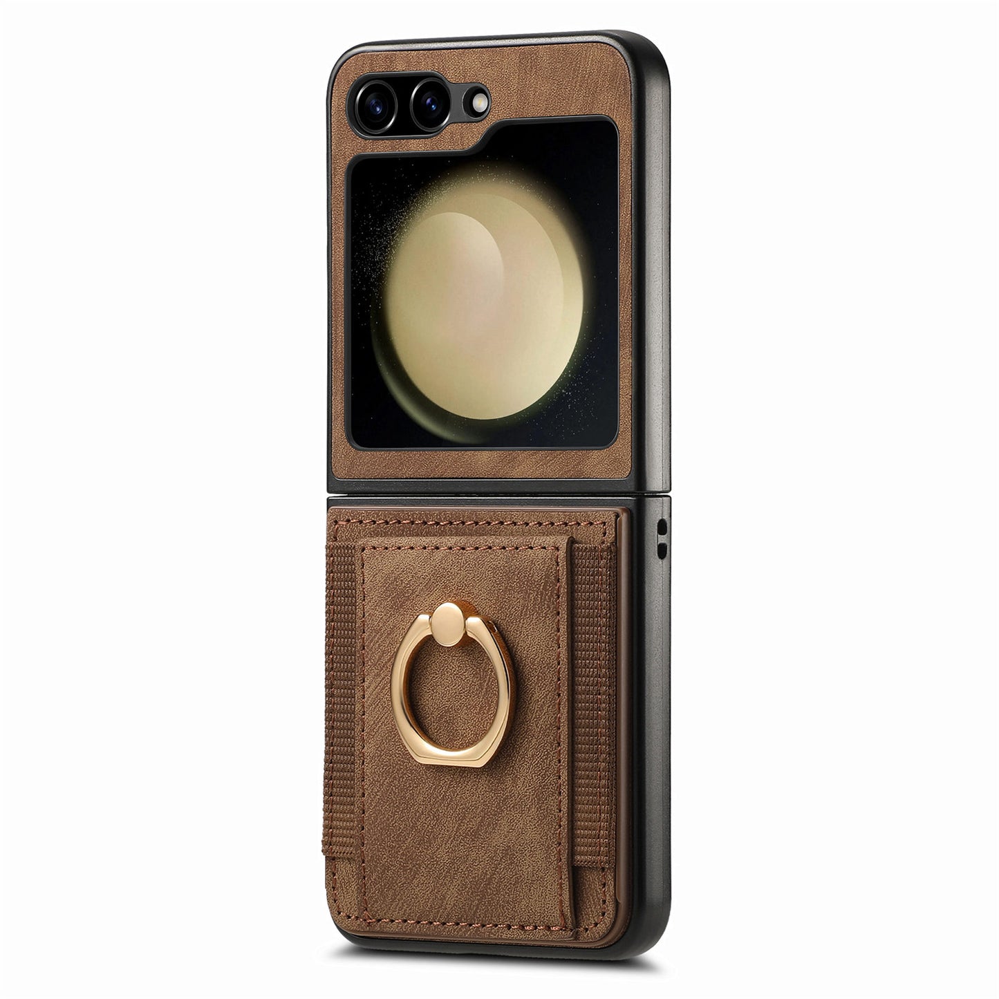 D2 For Samsung Galaxy Z Flip6 5G Case Card Slot Leather+PC Retro Phone Cover Ring Holder Kickstand - Brown