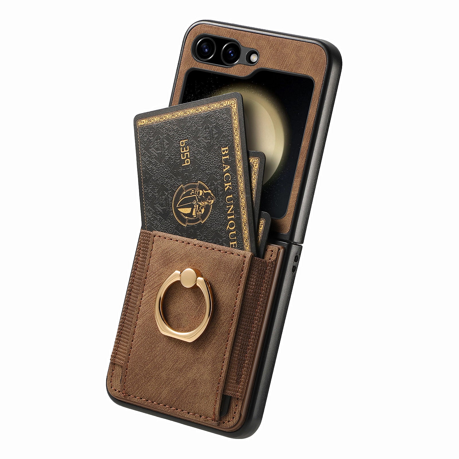 D2 For Samsung Galaxy Z Flip6 5G Case Card Slot Leather+PC Retro Phone Cover Ring Holder Kickstand - Brown