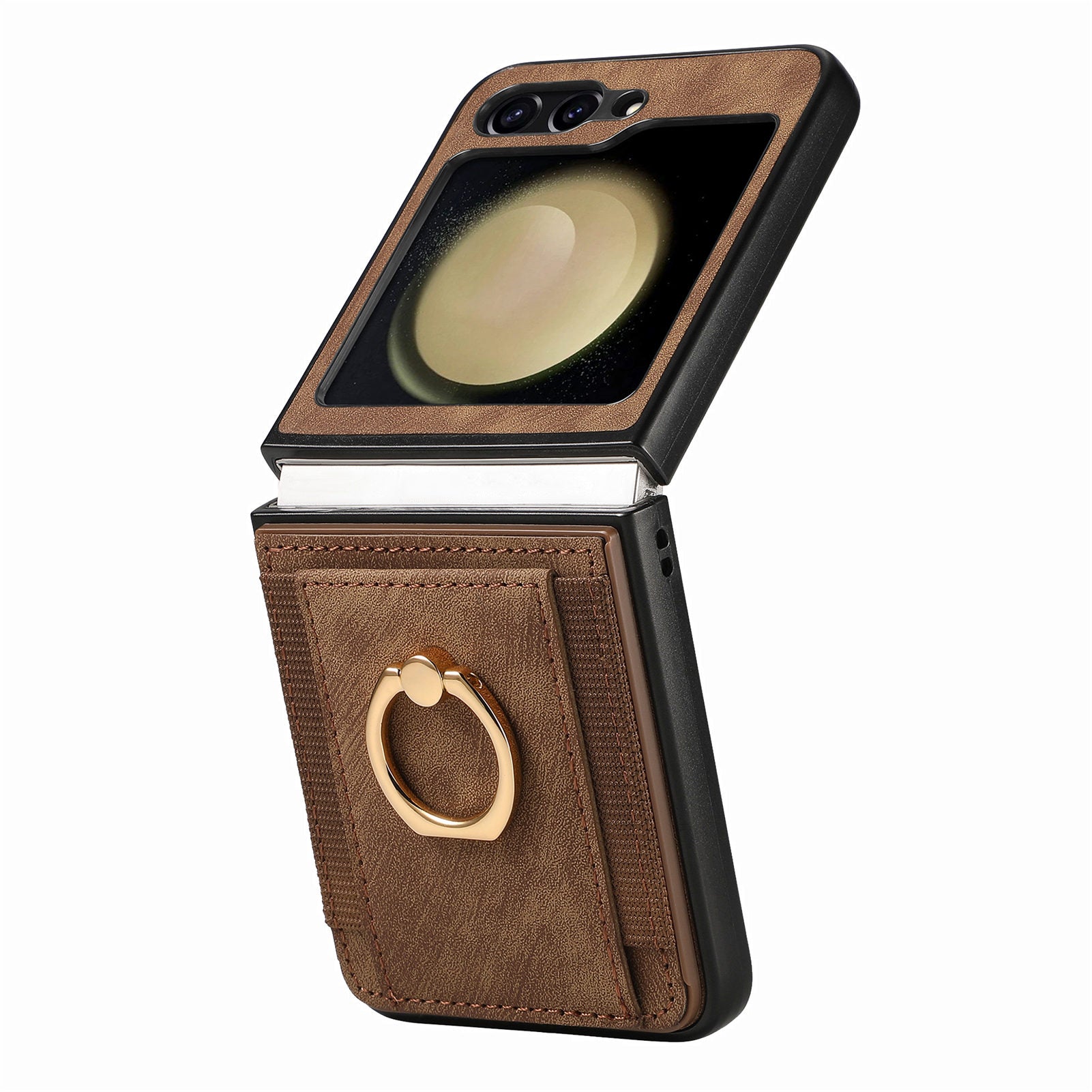 D2 For Samsung Galaxy Z Flip6 5G Case Card Slot Leather+PC Retro Phone Cover Ring Holder Kickstand - Brown
