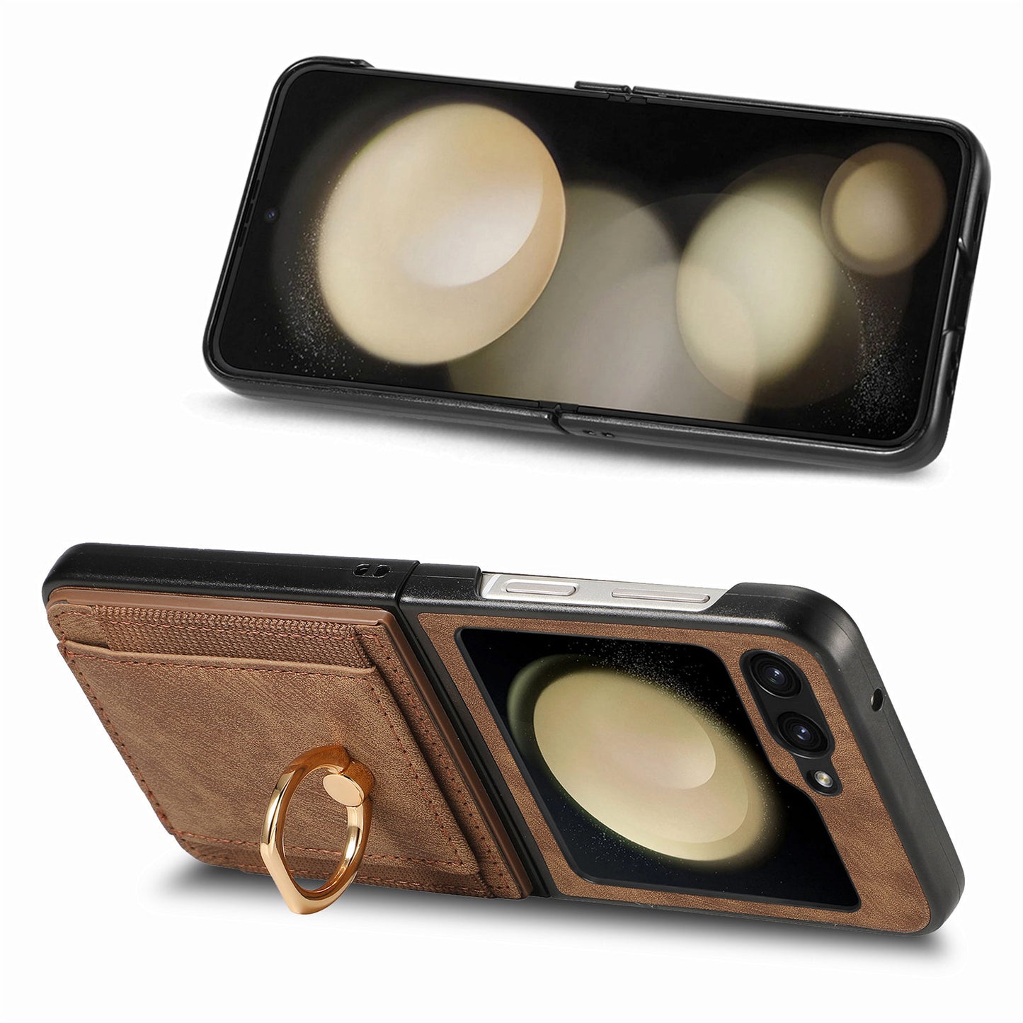 D2 For Samsung Galaxy Z Flip6 5G Case Card Slot Leather+PC Retro Phone Cover Ring Holder Kickstand - Brown