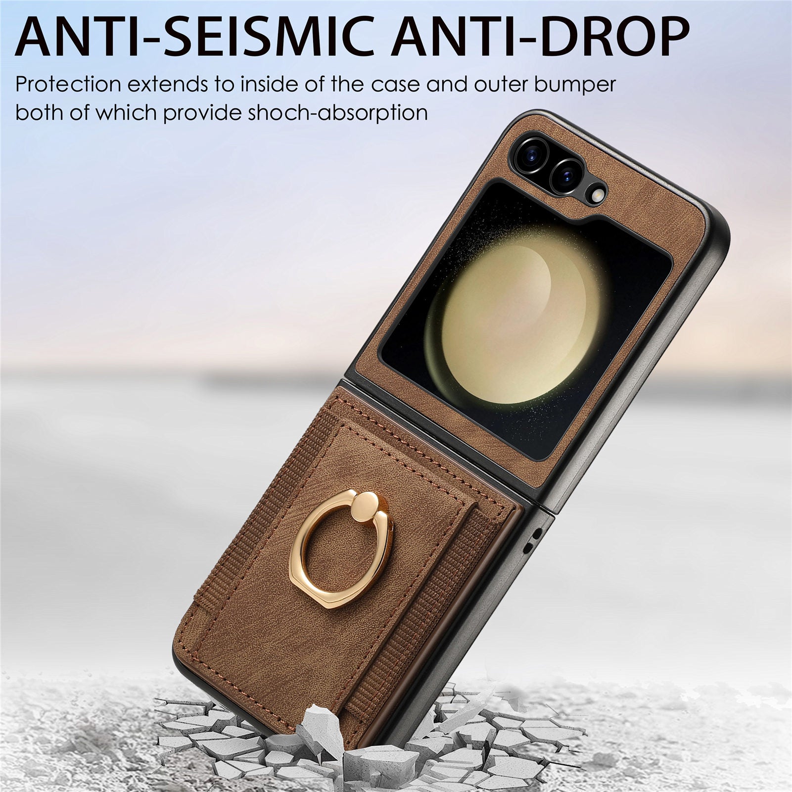 D2 For Samsung Galaxy Z Flip6 5G Case Card Slot Leather+PC Retro Phone Cover Ring Holder Kickstand - Brown