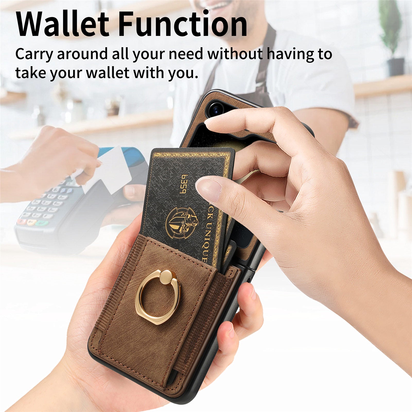 D2 For Samsung Galaxy Z Flip6 5G Case Card Slot Leather+PC Retro Phone Cover Ring Holder Kickstand - Brown