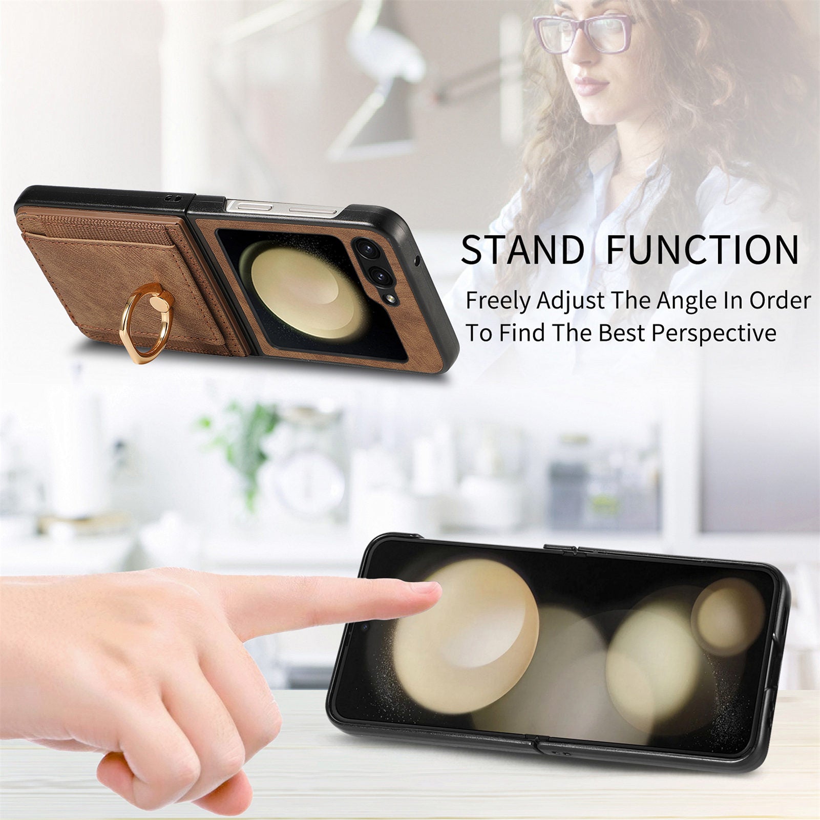 D2 For Samsung Galaxy Z Flip6 5G Case Card Slot Leather+PC Retro Phone Cover Ring Holder Kickstand - Brown