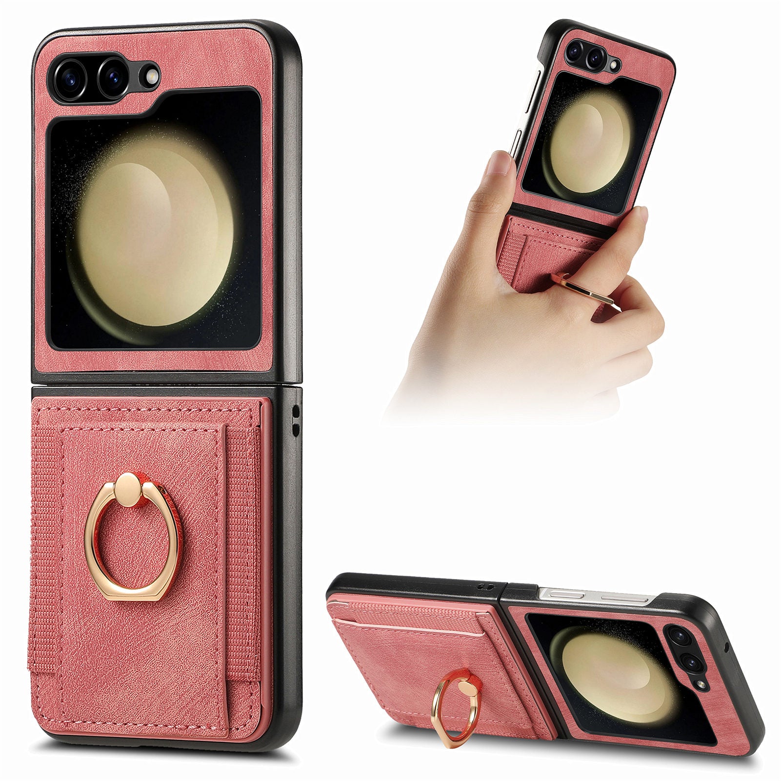 D2 For Samsung Galaxy Z Flip6 5G Case Card Slot Leather+PC Retro Phone Cover Ring Holder Kickstand - Pink