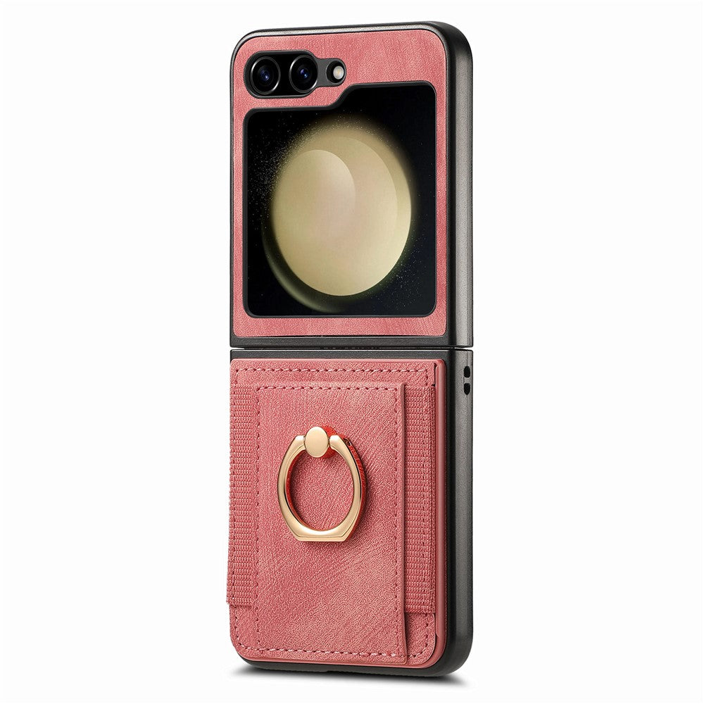 D2 For Samsung Galaxy Z Flip7 FE 5G / Z Flip6 5G Case Card Slot Leather+PC Retro Phone Cover Ring Holder Kickstand - Pink