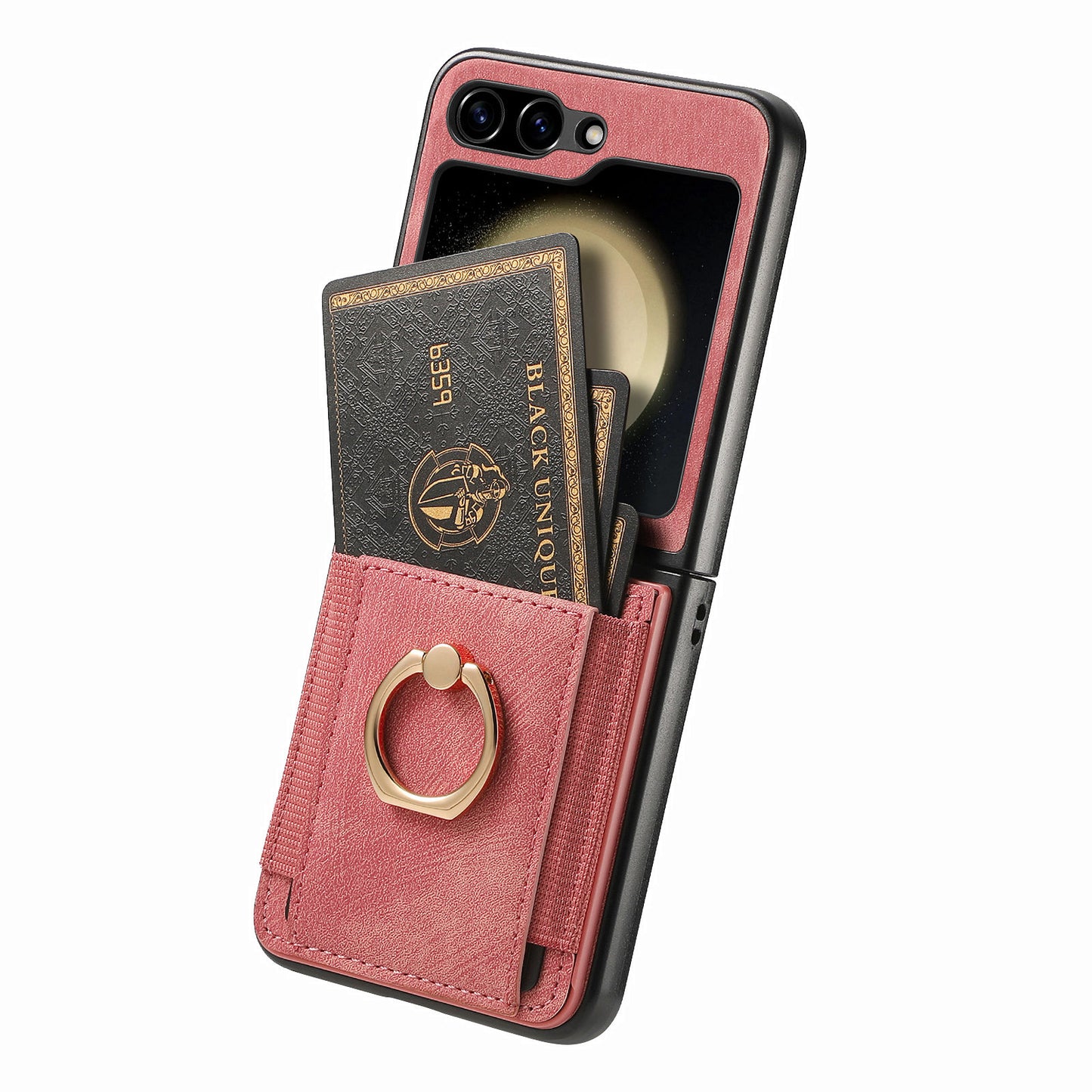 D2 For Samsung Galaxy Z Flip6 5G Case Card Slot Leather+PC Retro Phone Cover Ring Holder Kickstand - Pink
