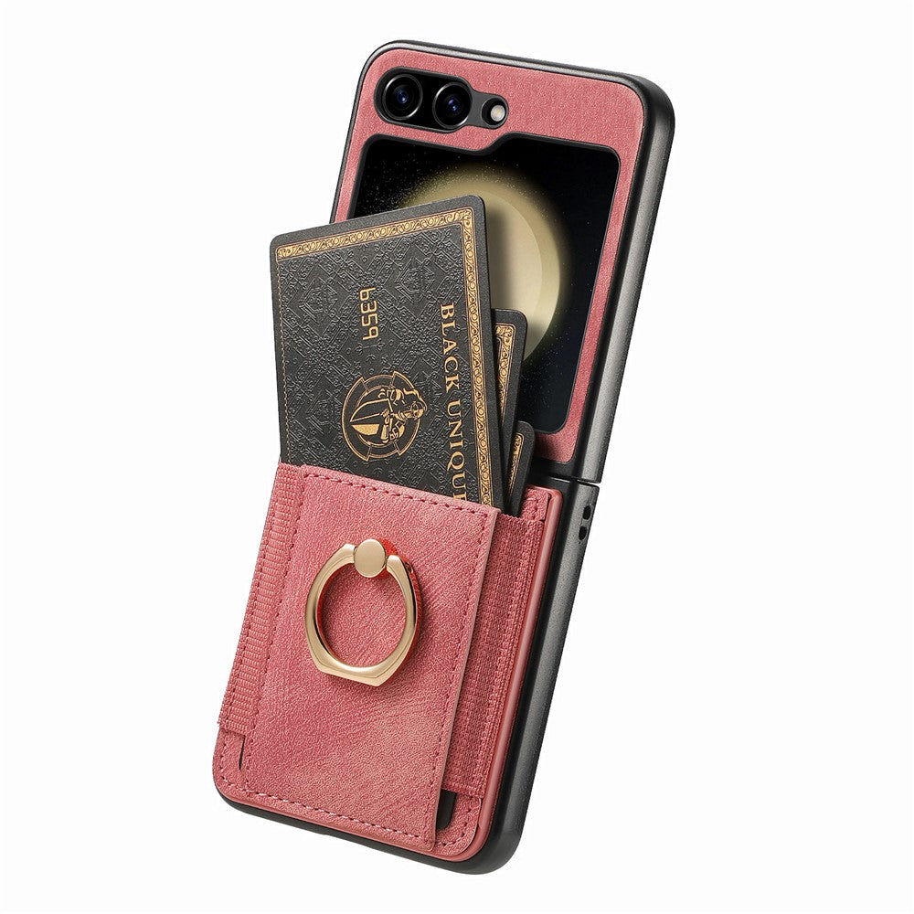 D2 For Samsung Galaxy Z Flip7 FE 5G / Z Flip6 5G Case Card Slot Leather+PC Retro Phone Cover Ring Holder Kickstand - Pink