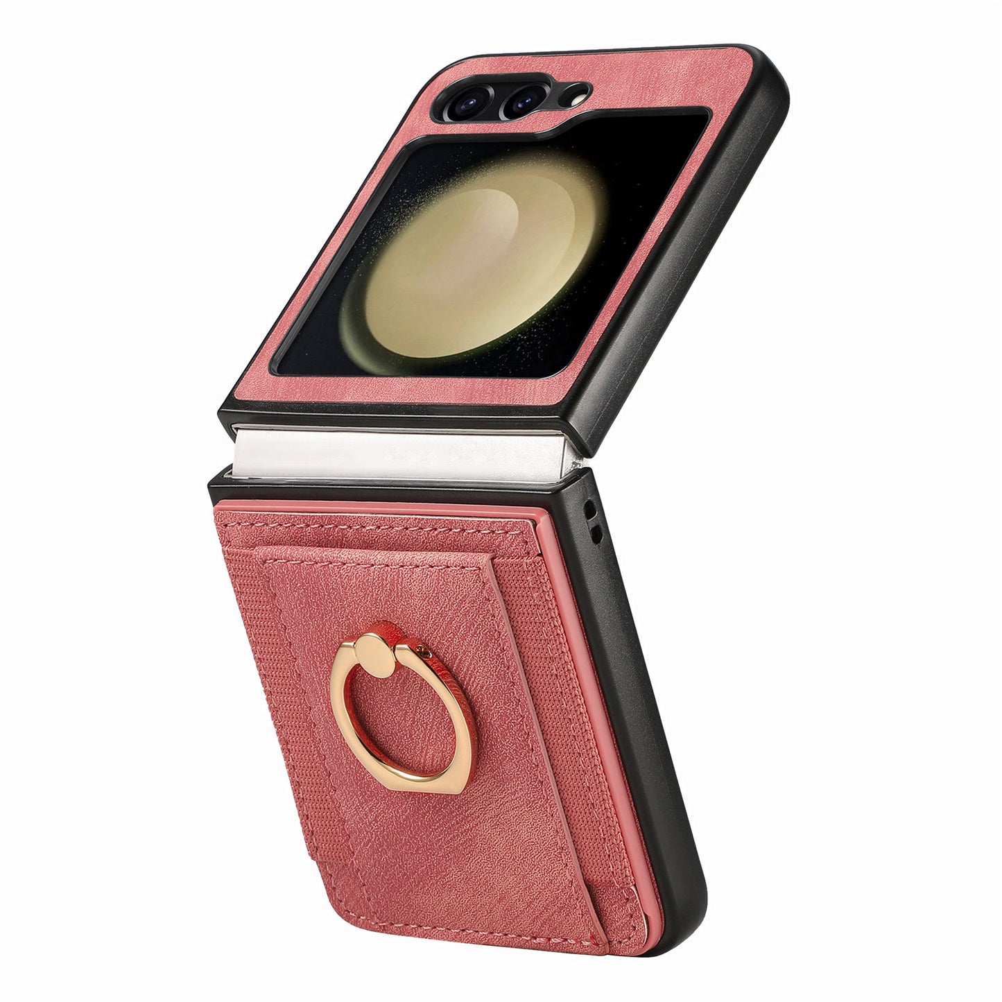 D2 For Samsung Galaxy Z Flip6 5G Case Card Slot Leather+PC Retro Phone Cover Ring Holder Kickstand - Pink