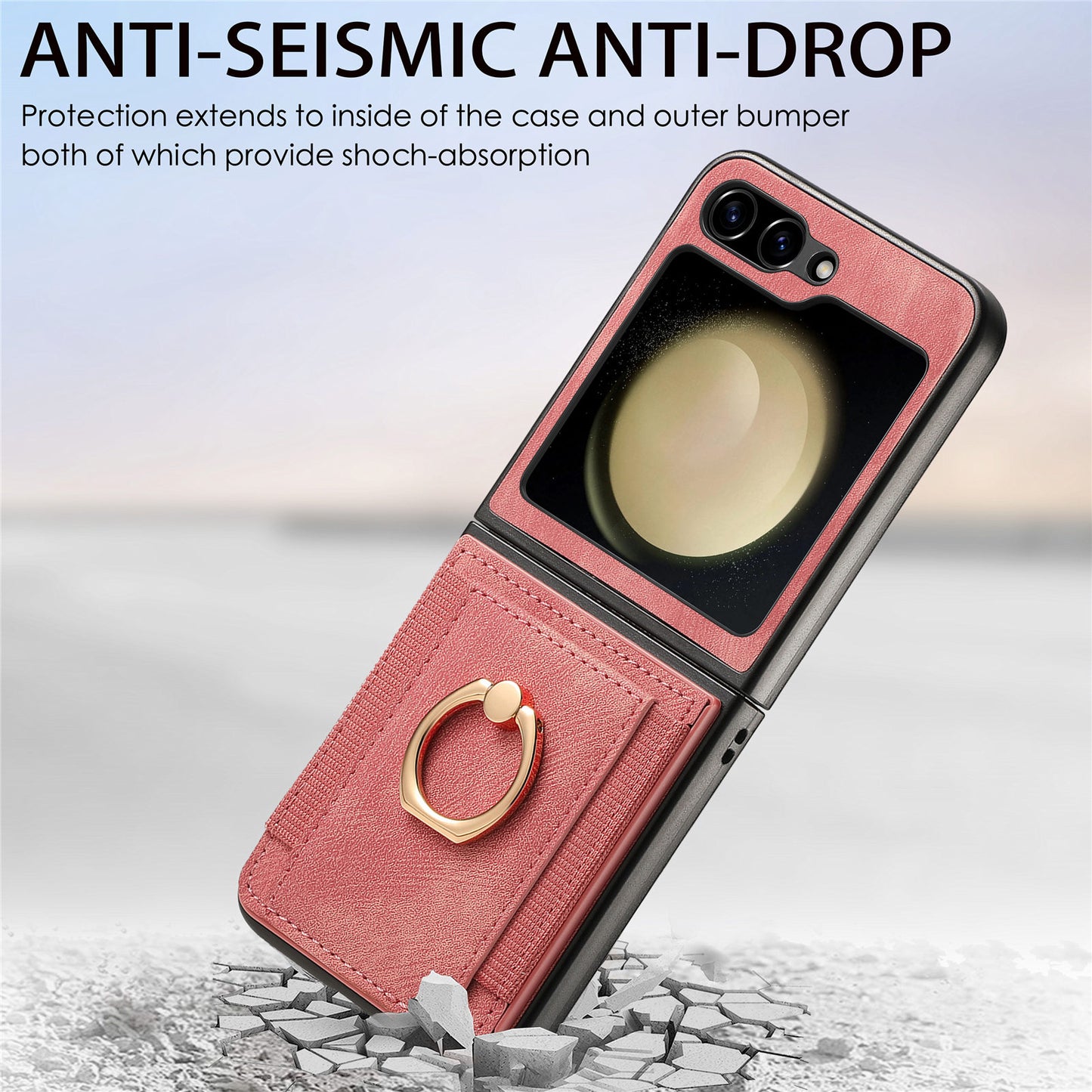 D2 For Samsung Galaxy Z Flip6 5G Case Card Slot Leather+PC Retro Phone Cover Ring Holder Kickstand - Pink