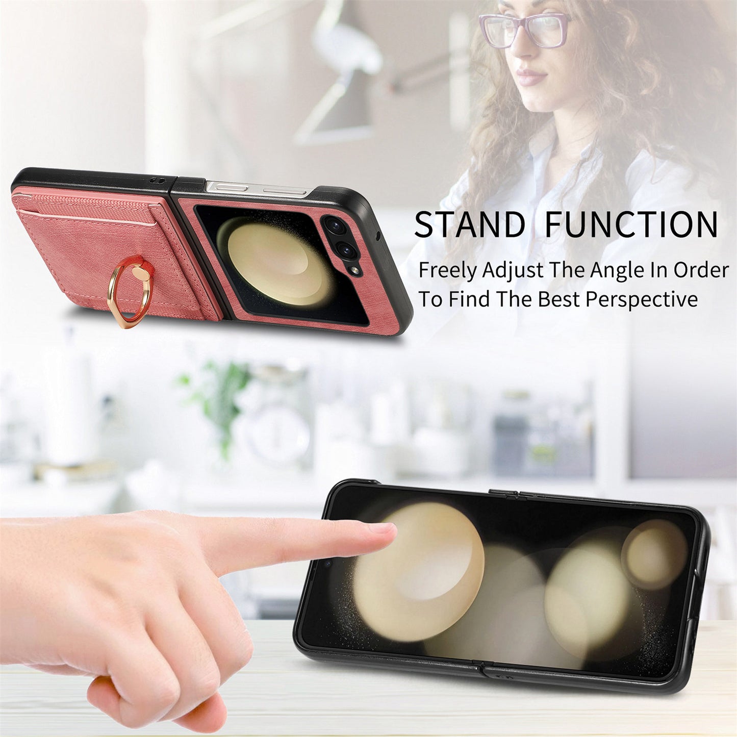 D2 For Samsung Galaxy Z Flip6 5G Case Card Slot Leather+PC Retro Phone Cover Ring Holder Kickstand - Pink