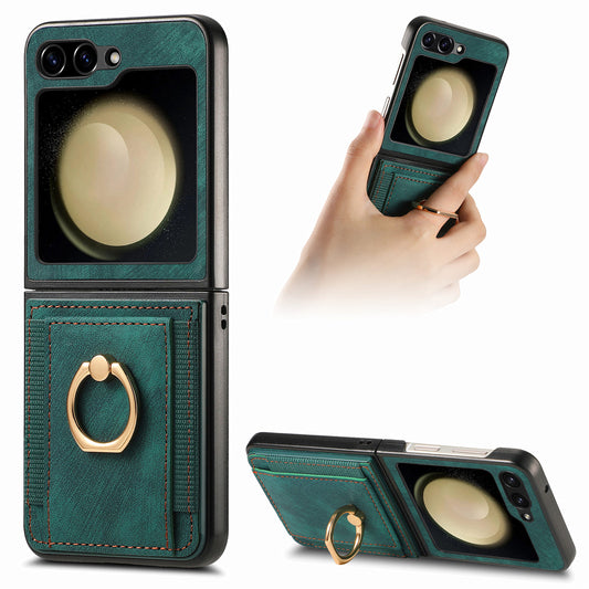 D2 For Samsung Galaxy Z Flip6 5G Case Card Slot Leather+PC Retro Phone Cover Ring Holder Kickstand - Green