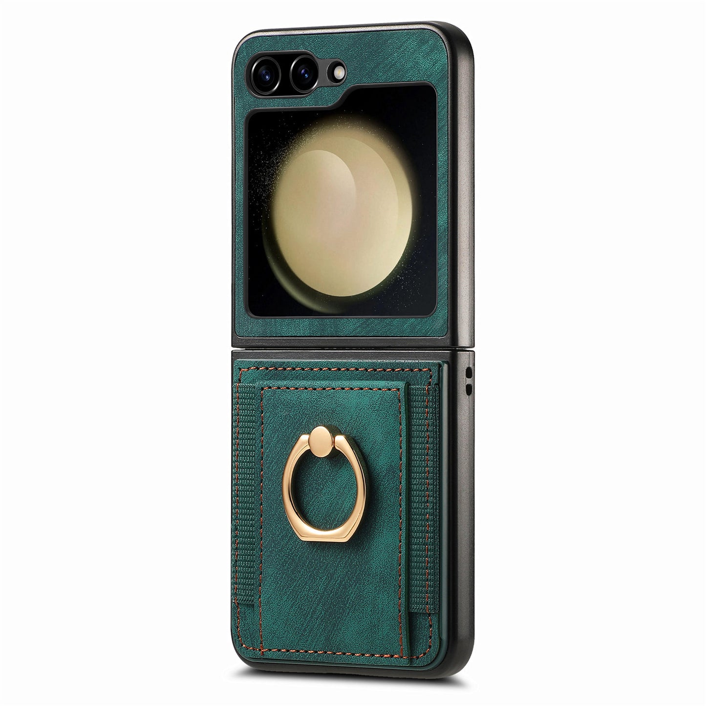 D2 For Samsung Galaxy Z Flip6 5G Case Card Slot Leather+PC Retro Phone Cover Ring Holder Kickstand - Green