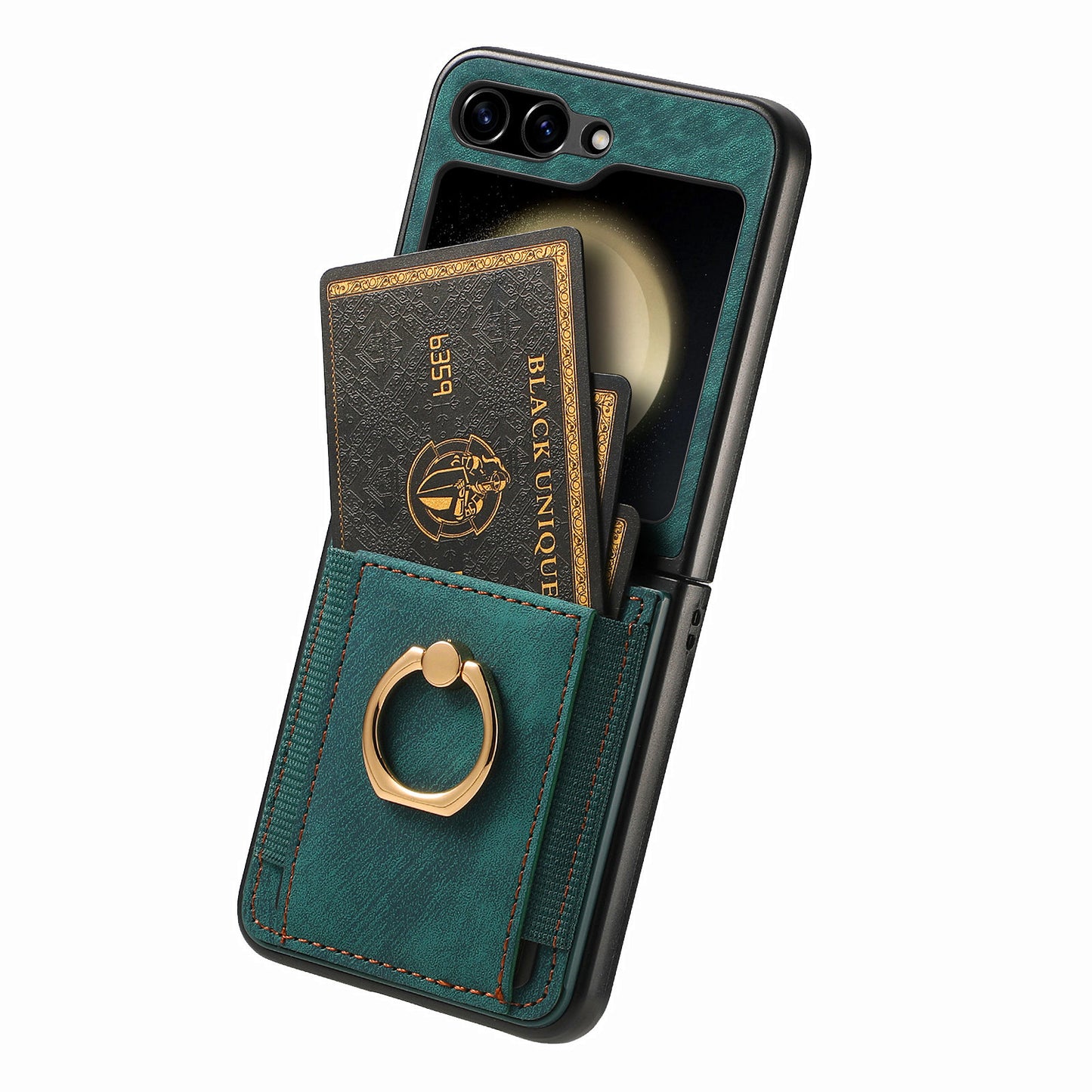 D2 For Samsung Galaxy Z Flip6 5G Case Card Slot Leather+PC Retro Phone Cover Ring Holder Kickstand - Green