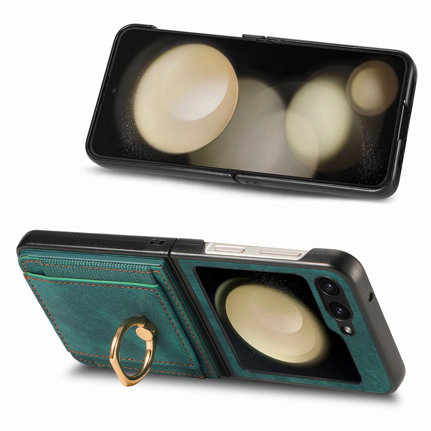 D2 For Samsung Galaxy Z Flip6 5G Case Card Slot Leather+PC Retro Phone Cover Ring Holder Kickstand - Green