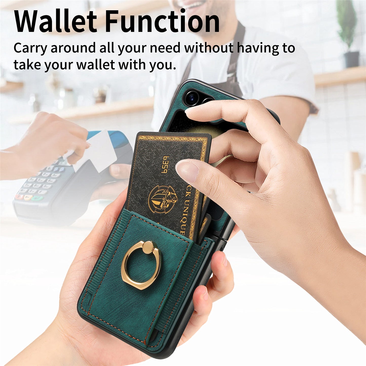 D2 For Samsung Galaxy Z Flip6 5G Case Card Slot Leather+PC Retro Phone Cover Ring Holder Kickstand - Green