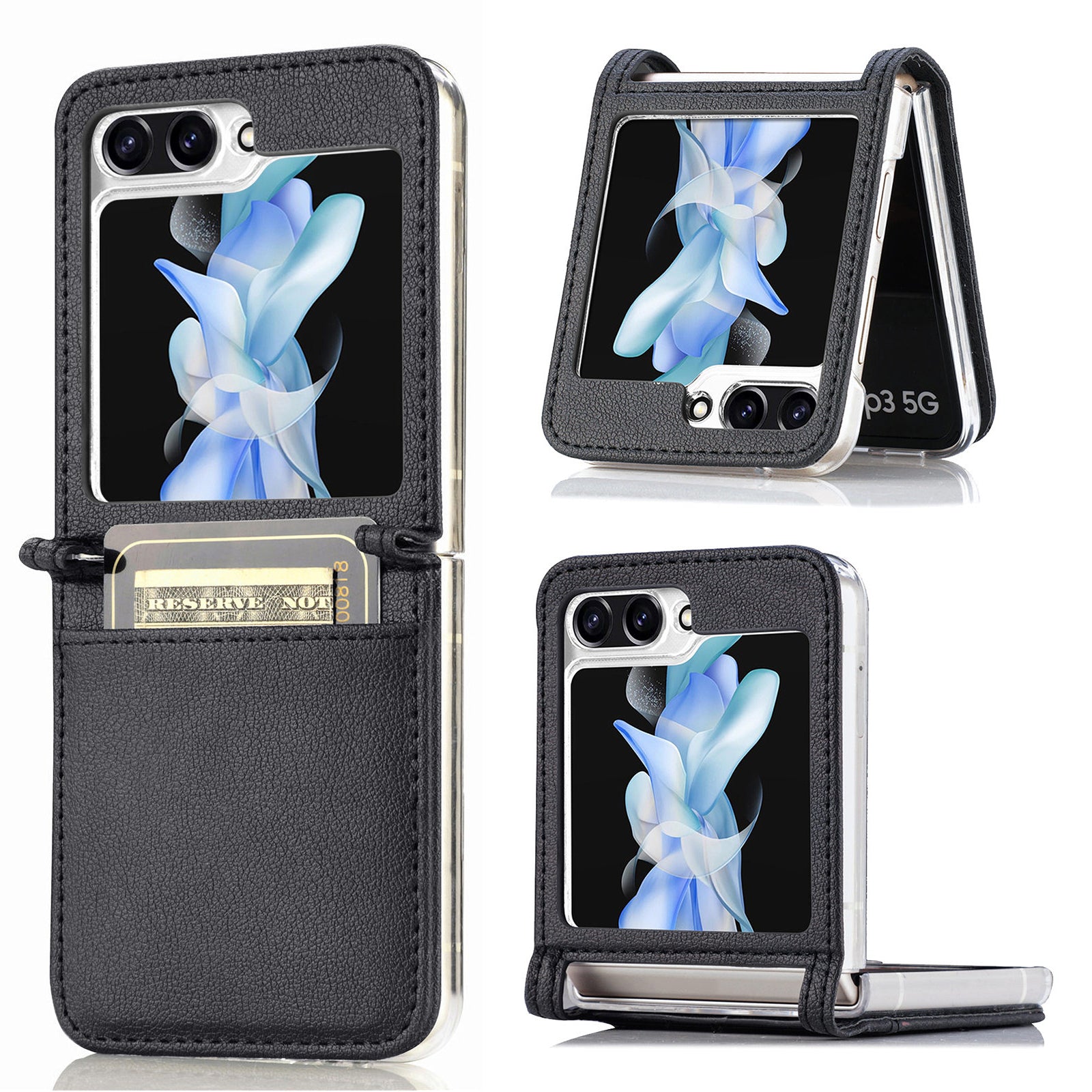 For Samsung Galaxy Z Flip6 5G Case Card Slot Leather+PC Phone Cover - Black