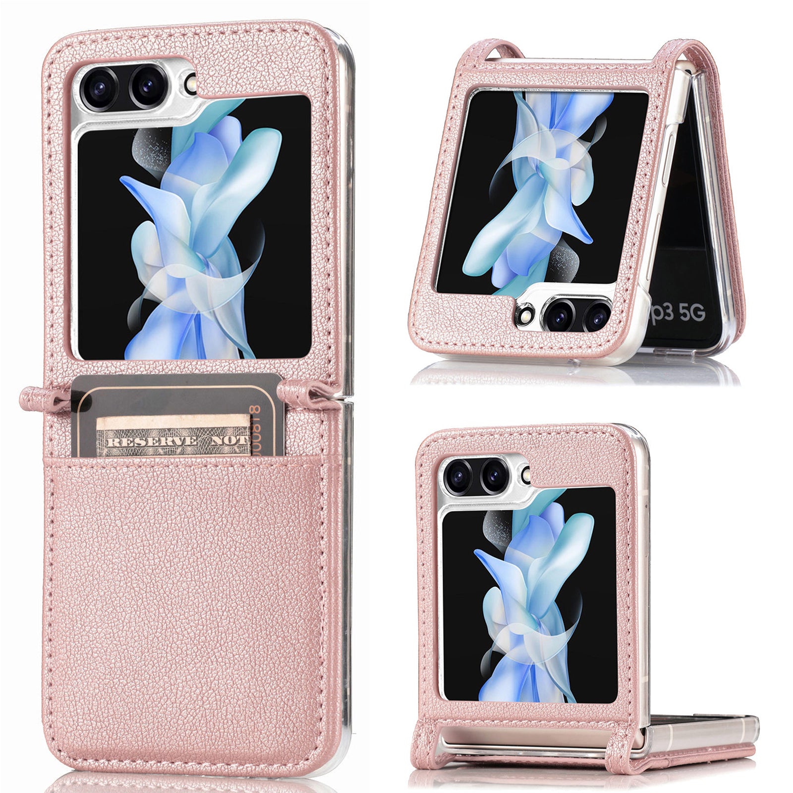 For Samsung Galaxy Z Flip6 5G Case Card Slot Leather+PC Phone Cover - Rose Gold