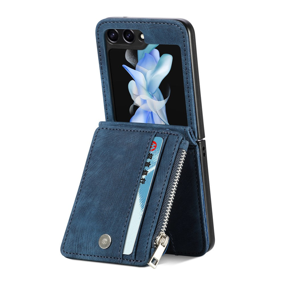For Samsung Galaxy Z Flip7 FE 5G / Z Flip6 5G Case Kickstand Retro Leather Phone Cover Zipper Card Holder - Blue