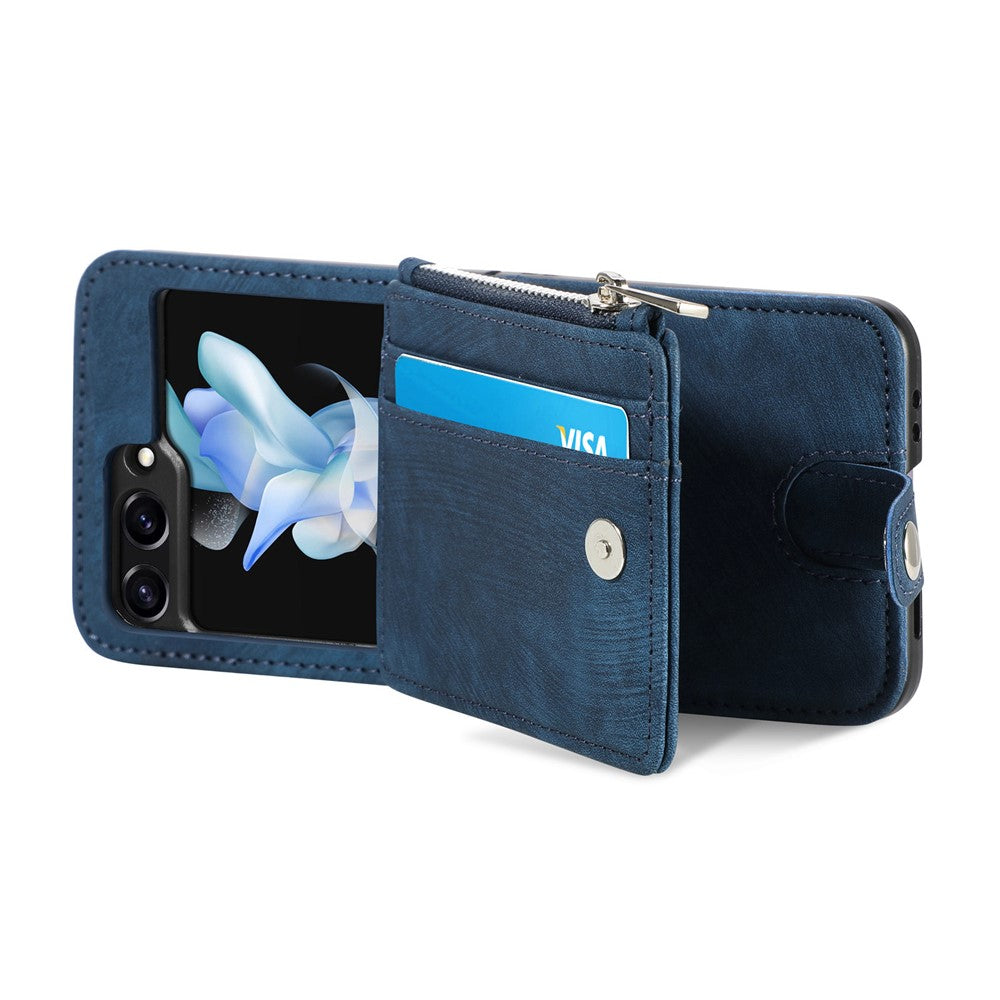 For Samsung Galaxy Z Flip7 FE 5G / Z Flip6 5G Case Kickstand Retro Leather Phone Cover Zipper Card Holder - Blue