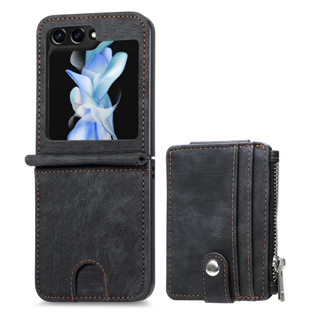 For Samsung Galaxy Z Flip7 FE 5G / Z Flip6 5G Case Kickstand Retro Leather Phone Cover Zipper Card Holder - Black