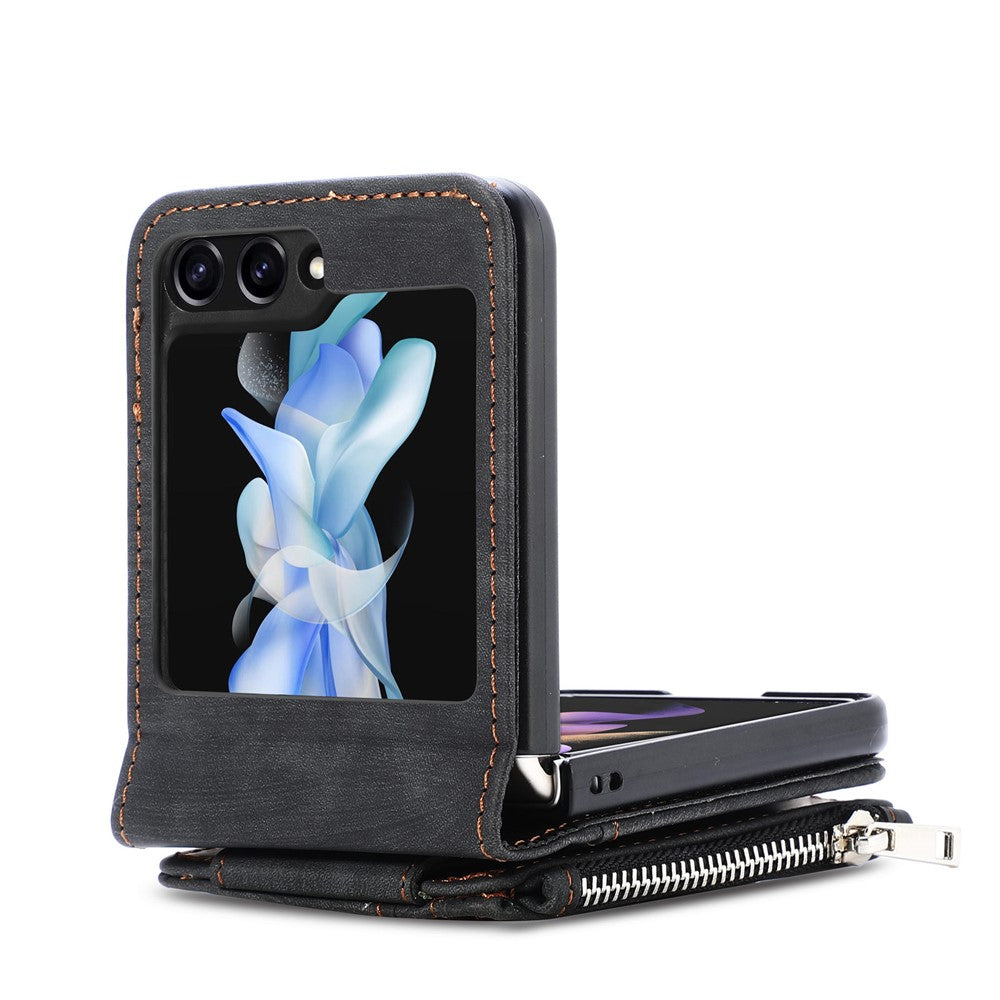 For Samsung Galaxy Z Flip7 FE 5G / Z Flip6 5G Case Kickstand Retro Leather Phone Cover Zipper Card Holder - Black