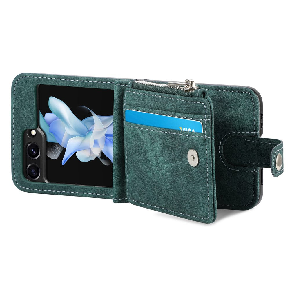 For Samsung Galaxy Z Flip7 FE 5G / Z Flip6 5G Case Kickstand Retro Leather Phone Cover Zipper Card Holder - Green