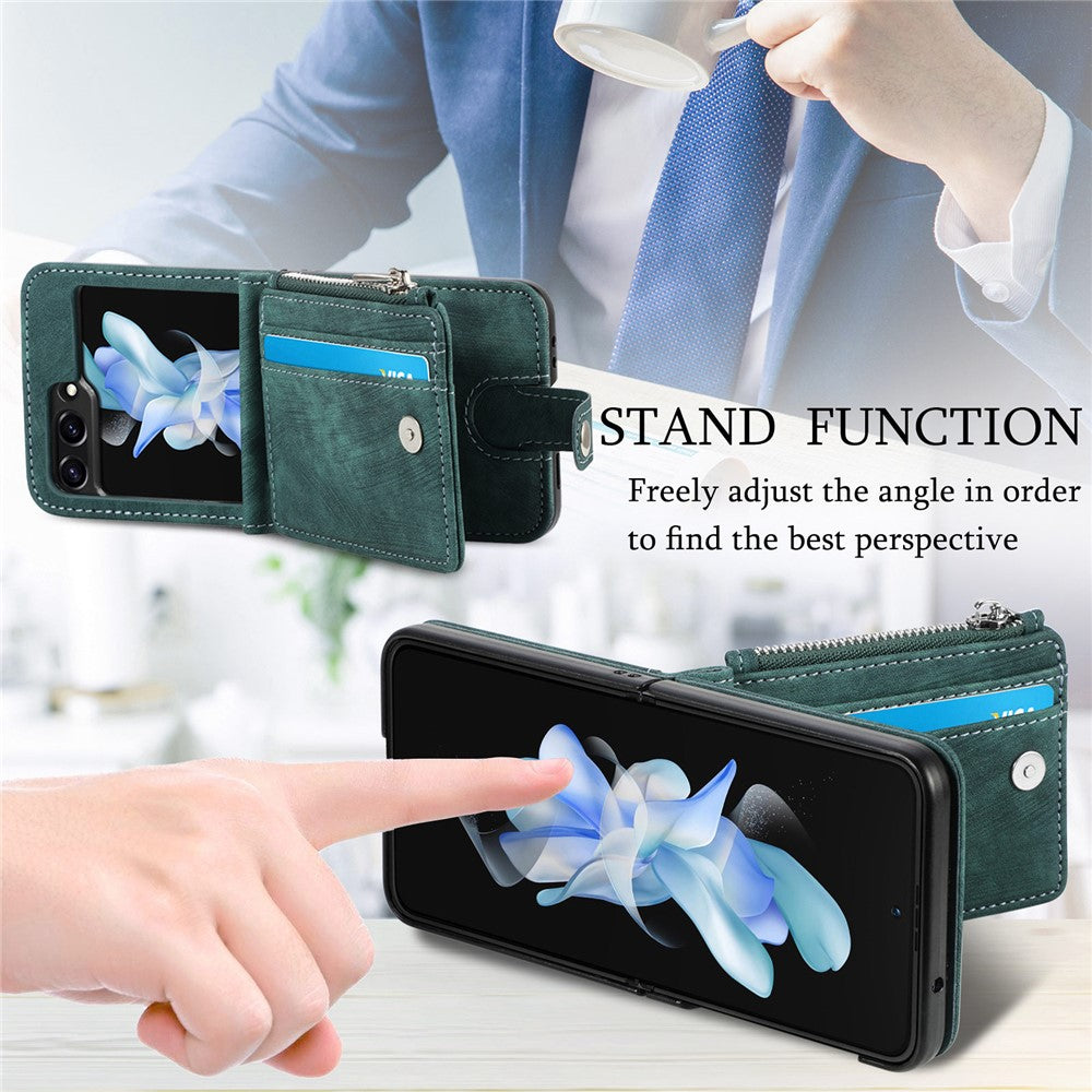 For Samsung Galaxy Z Flip7 FE 5G / Z Flip6 5G Case Kickstand Retro Leather Phone Cover Zipper Card Holder - Green