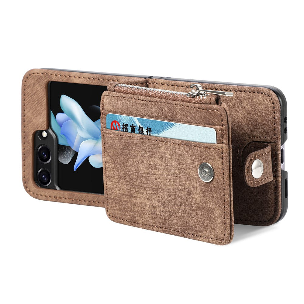 For Samsung Galaxy Z Flip7 FE 5G / Z Flip6 5G Case Kickstand Retro Leather Phone Cover Zipper Card Holder - Brown