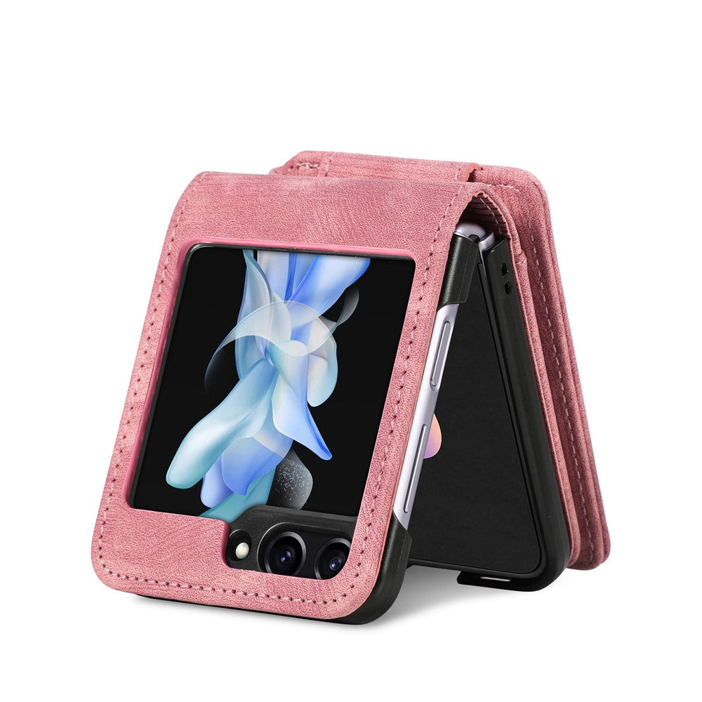 For Samsung Galaxy Z Flip7 FE 5G / Z Flip6 5G Case Kickstand Retro Leather Phone Cover Zipper Card Holder - Pink