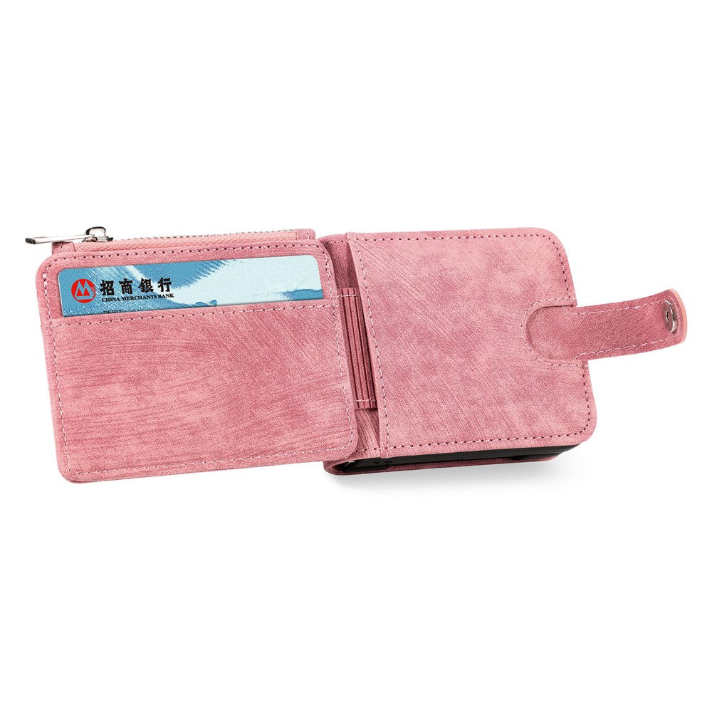 For Samsung Galaxy Z Flip7 FE 5G / Z Flip6 5G Case Kickstand Retro Leather Phone Cover Zipper Card Holder - Pink
