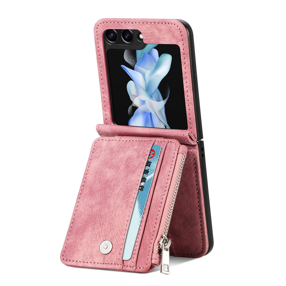 For Samsung Galaxy Z Flip7 FE 5G / Z Flip6 5G Case Kickstand Retro Leather Phone Cover Zipper Card Holder - Pink