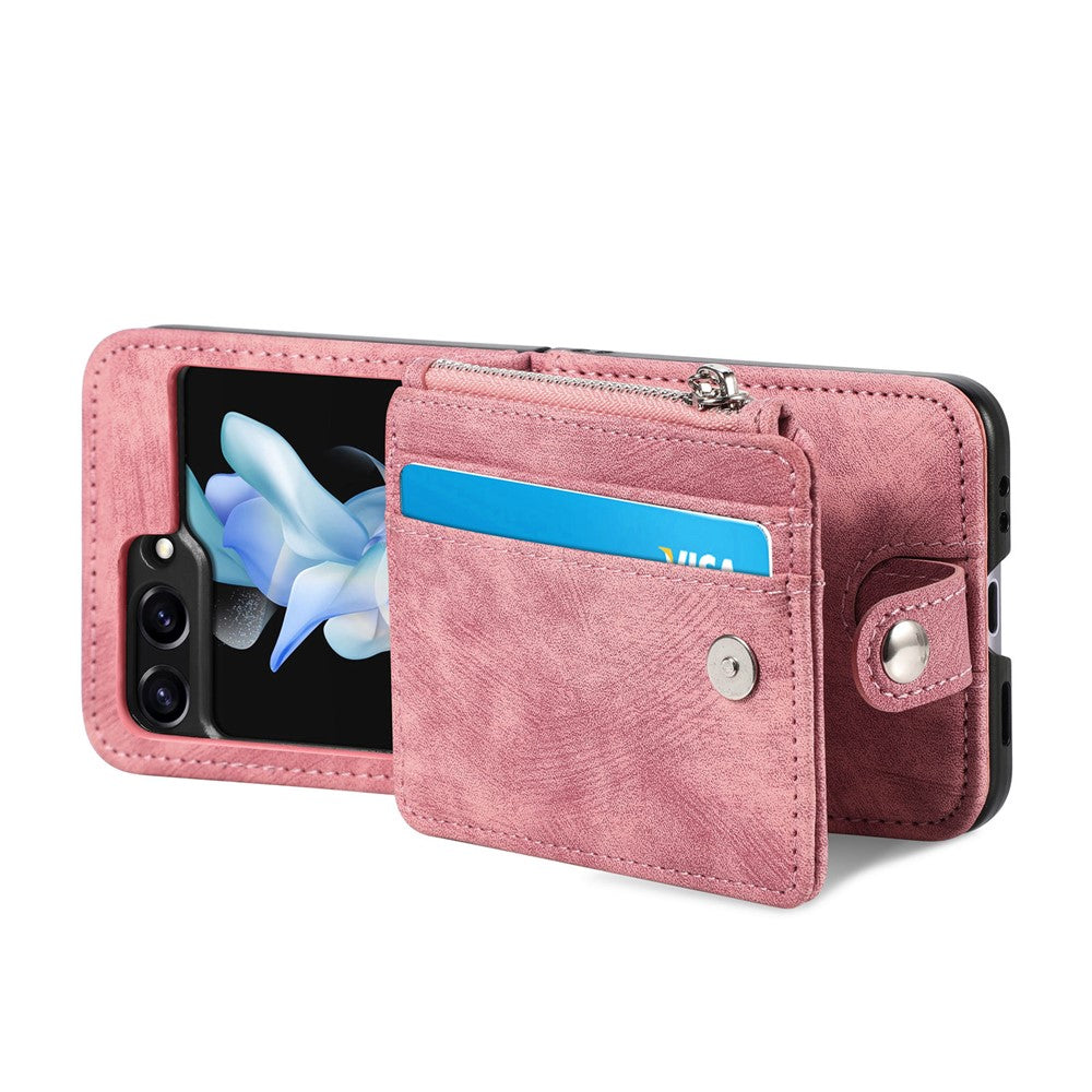 For Samsung Galaxy Z Flip7 FE 5G / Z Flip6 5G Case Kickstand Retro Leather Phone Cover Zipper Card Holder - Pink
