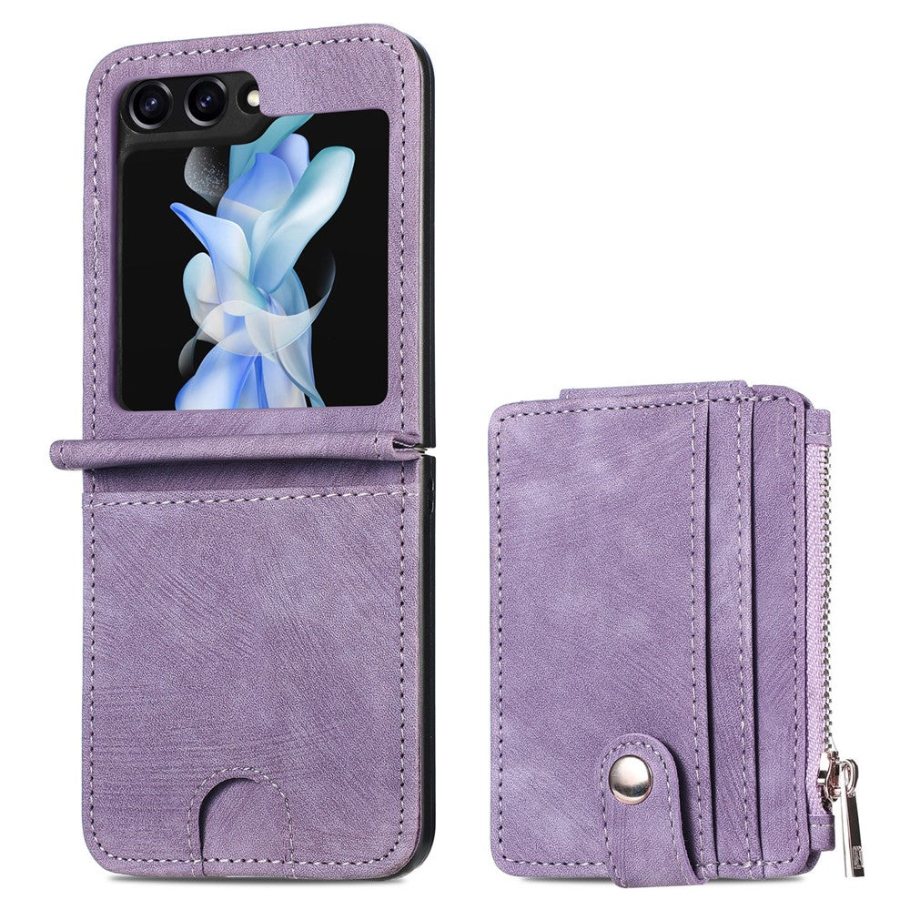 For Samsung Galaxy Z Flip7 FE 5G / Z Flip6 5G Case Kickstand Retro Leather Phone Cover Zipper Card Holder - Purple