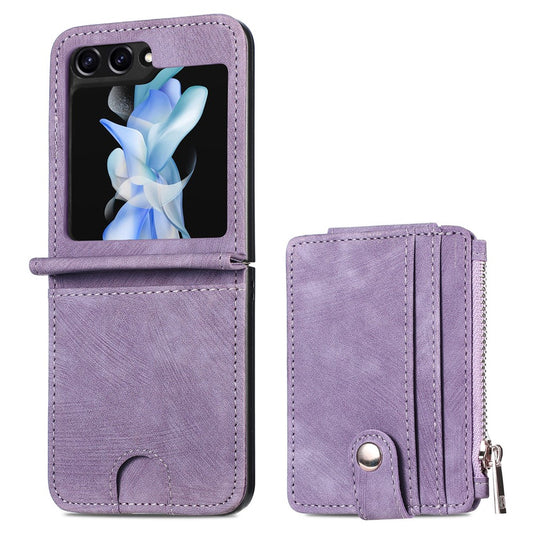For Samsung Galaxy Z Flip7 FE 5G / Z Flip6 5G Case Kickstand Retro Leather Phone Cover Zipper Card Holder - Purple