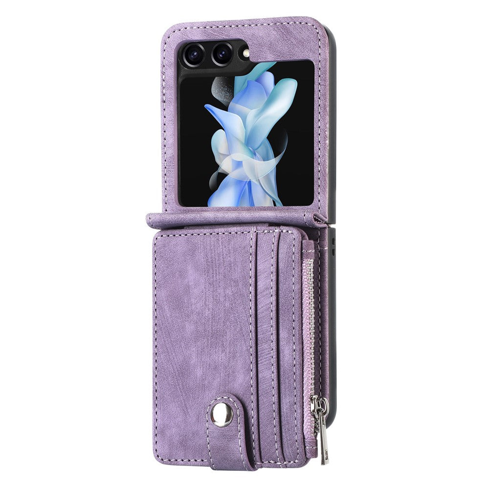 For Samsung Galaxy Z Flip7 FE 5G / Z Flip6 5G Case Kickstand Retro Leather Phone Cover Zipper Card Holder - Purple