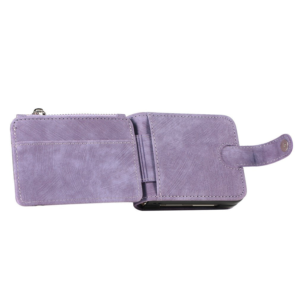 For Samsung Galaxy Z Flip7 FE 5G / Z Flip6 5G Case Kickstand Retro Leather Phone Cover Zipper Card Holder - Purple
