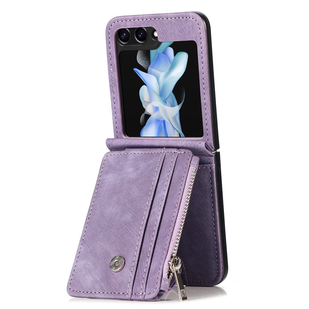 For Samsung Galaxy Z Flip7 FE 5G / Z Flip6 5G Case Kickstand Retro Leather Phone Cover Zipper Card Holder - Purple