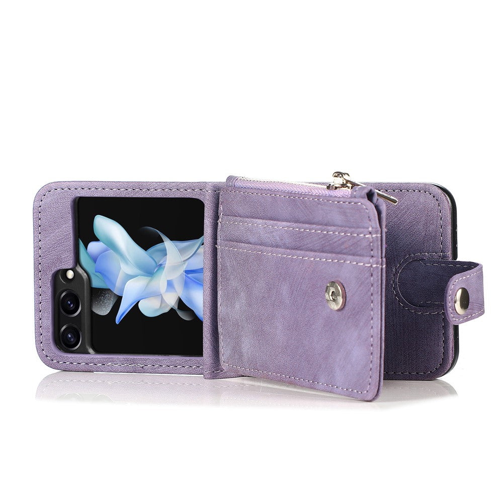 For Samsung Galaxy Z Flip7 FE 5G / Z Flip6 5G Case Kickstand Retro Leather Phone Cover Zipper Card Holder - Purple