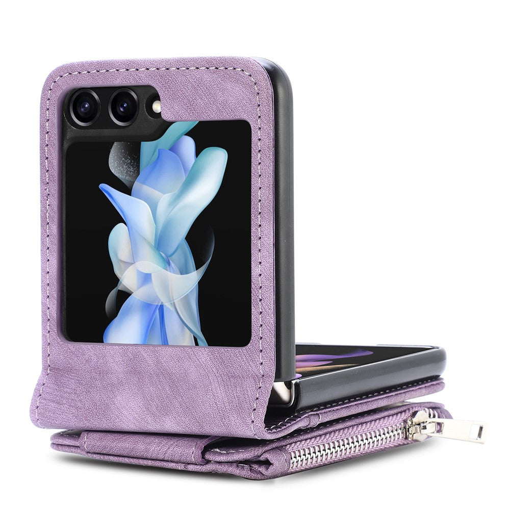 For Samsung Galaxy Z Flip7 FE 5G / Z Flip6 5G Case Kickstand Retro Leather Phone Cover Zipper Card Holder - Purple