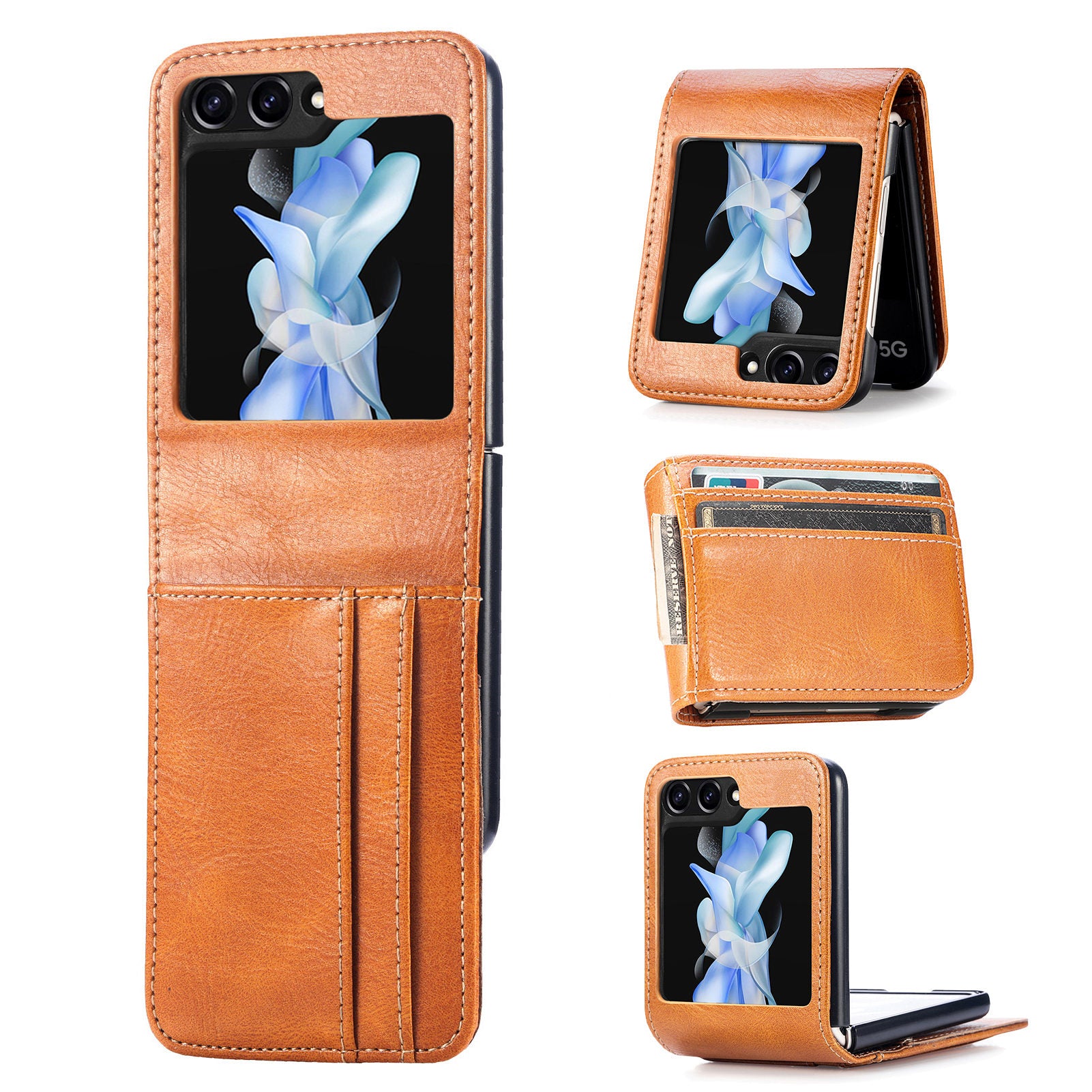 For Samsung Galaxy Z Flip6 5G Case Leather Phone Cover Card Slots Photo Frame Slot - Brown