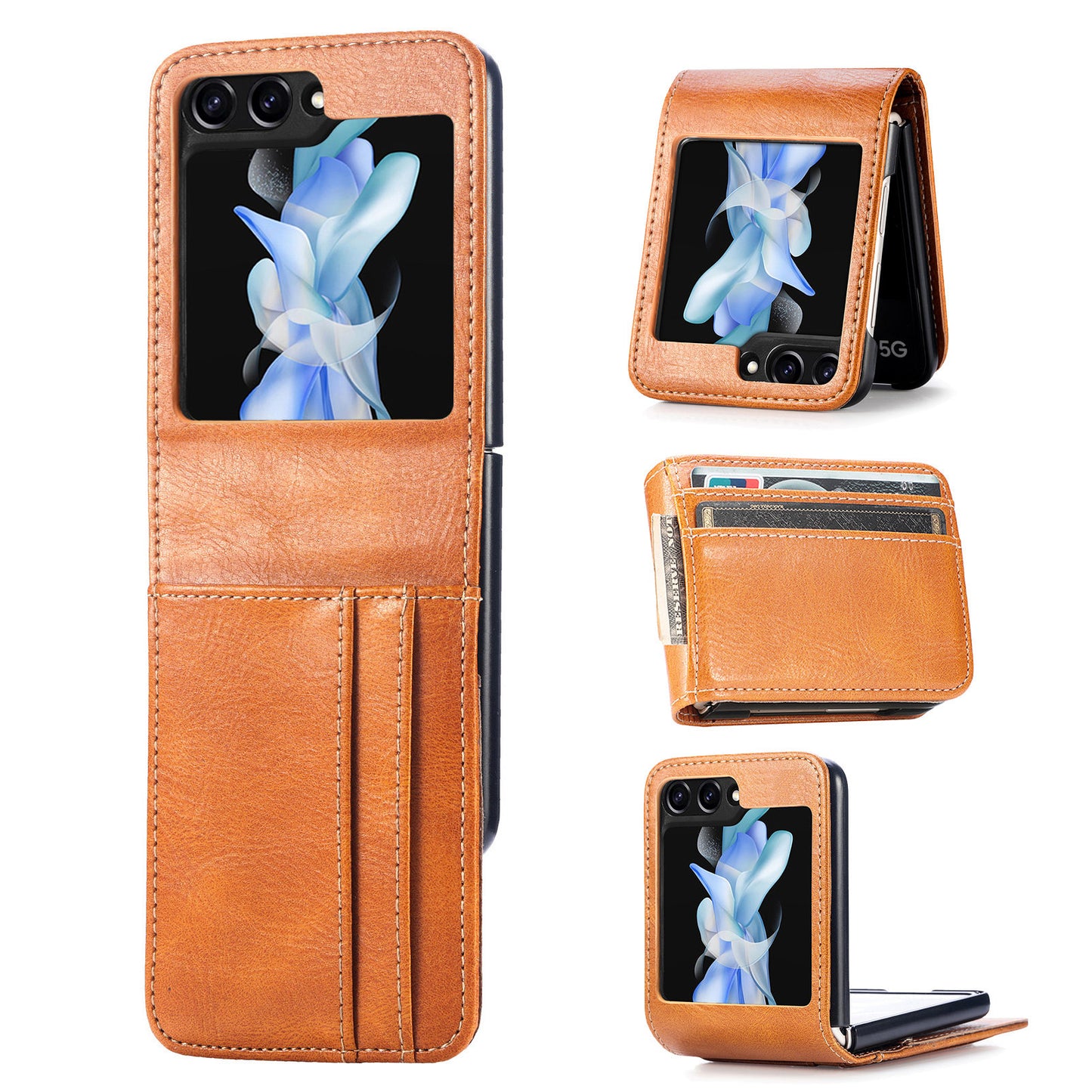 For Samsung Galaxy Z Flip6 5G Case Leather Phone Cover Card Slots Photo Frame Slot - Brown