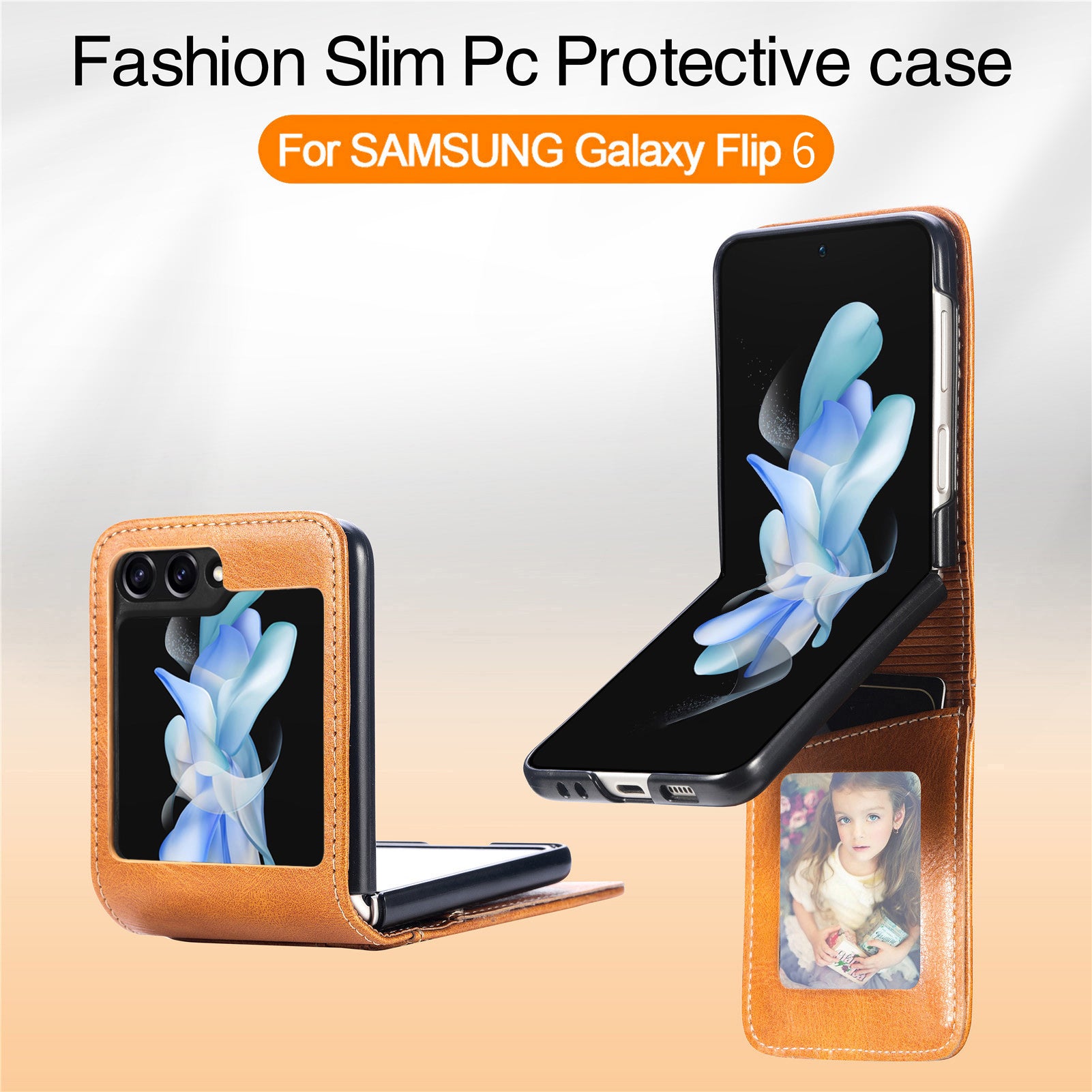 For Samsung Galaxy Z Flip6 5G Case Leather Phone Cover Card Slots Photo Frame Slot - Brown