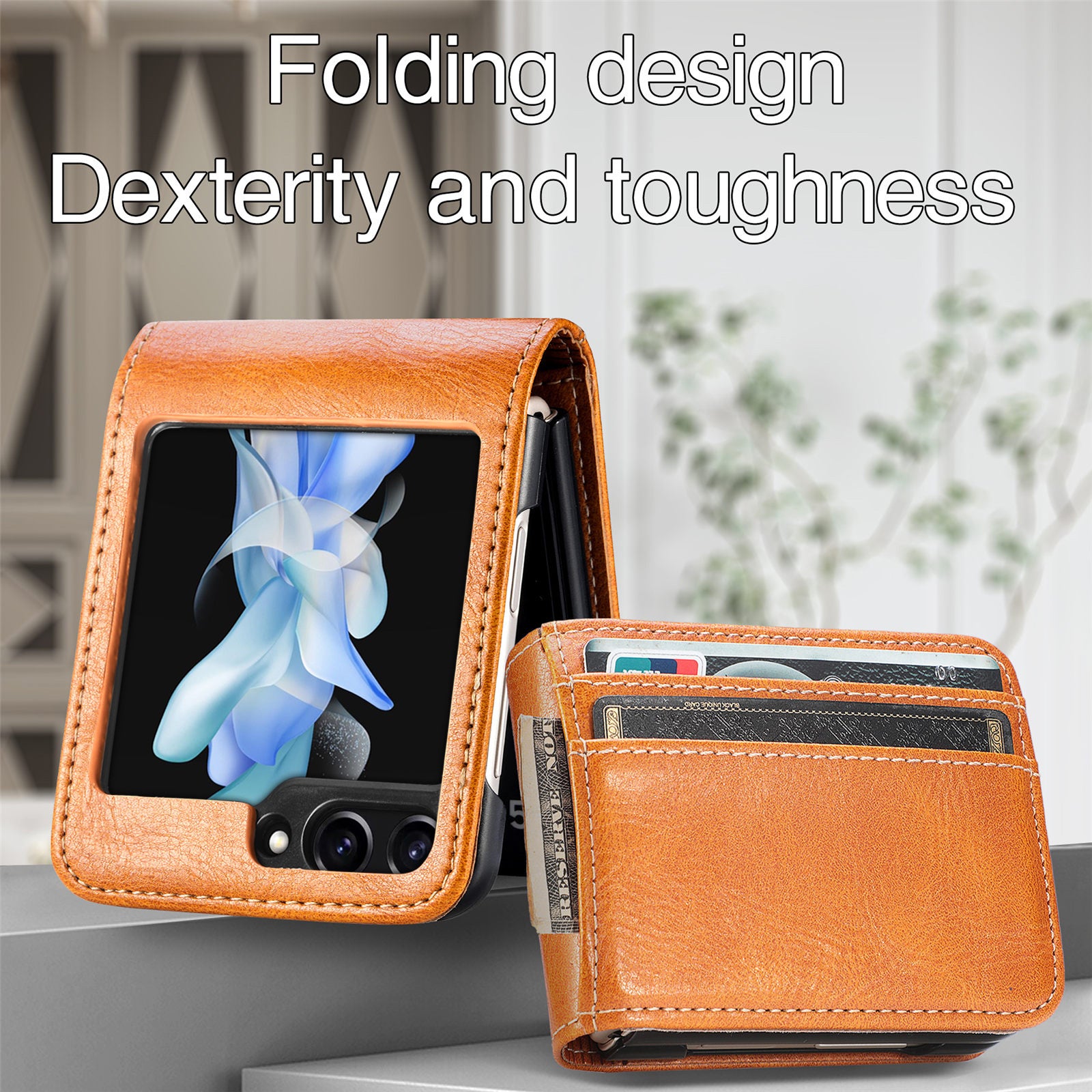 For Samsung Galaxy Z Flip6 5G Case Leather Phone Cover Card Slots Photo Frame Slot - Brown