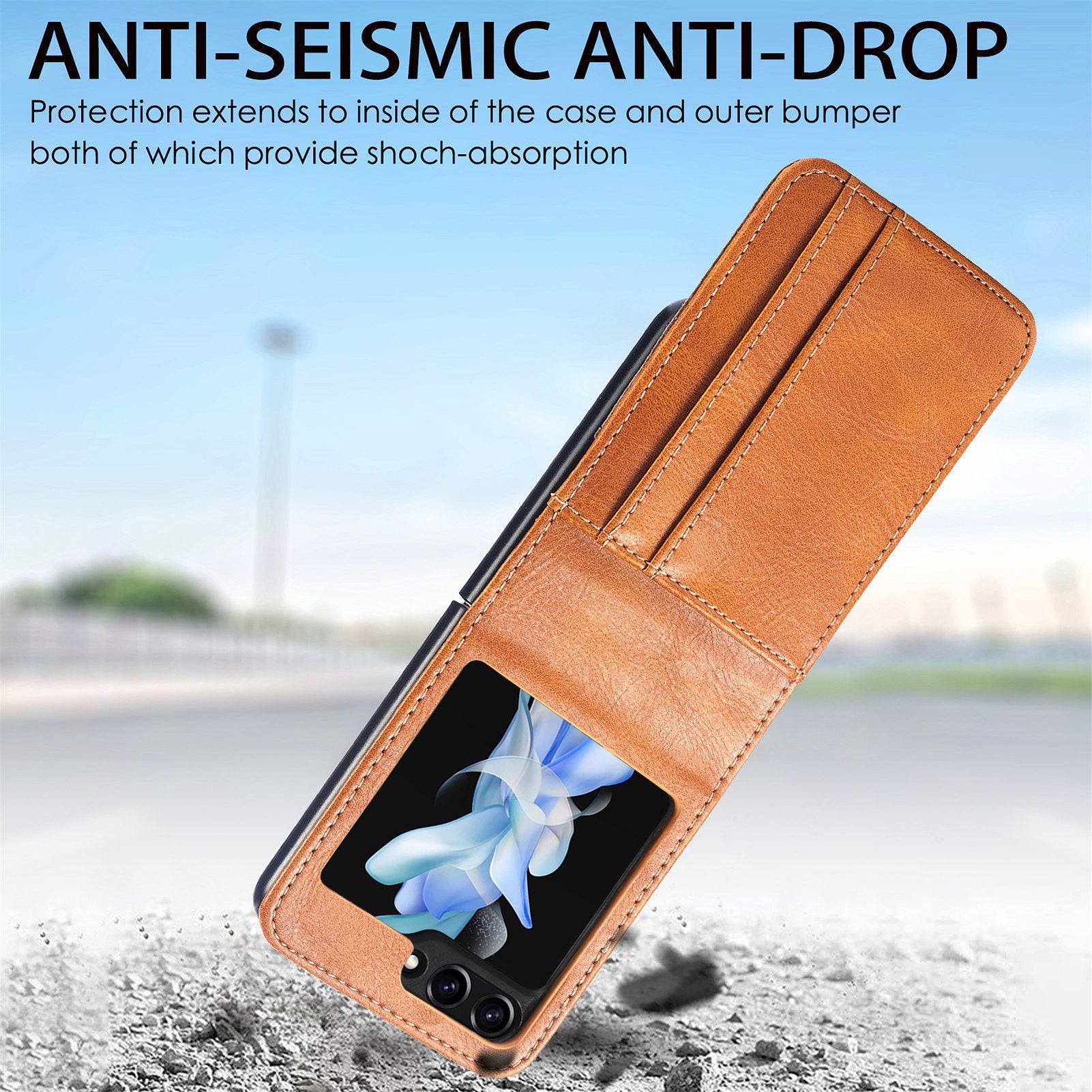 For Samsung Galaxy Z Flip6 5G Case Leather Phone Cover Card Slots Photo Frame Slot - Brown