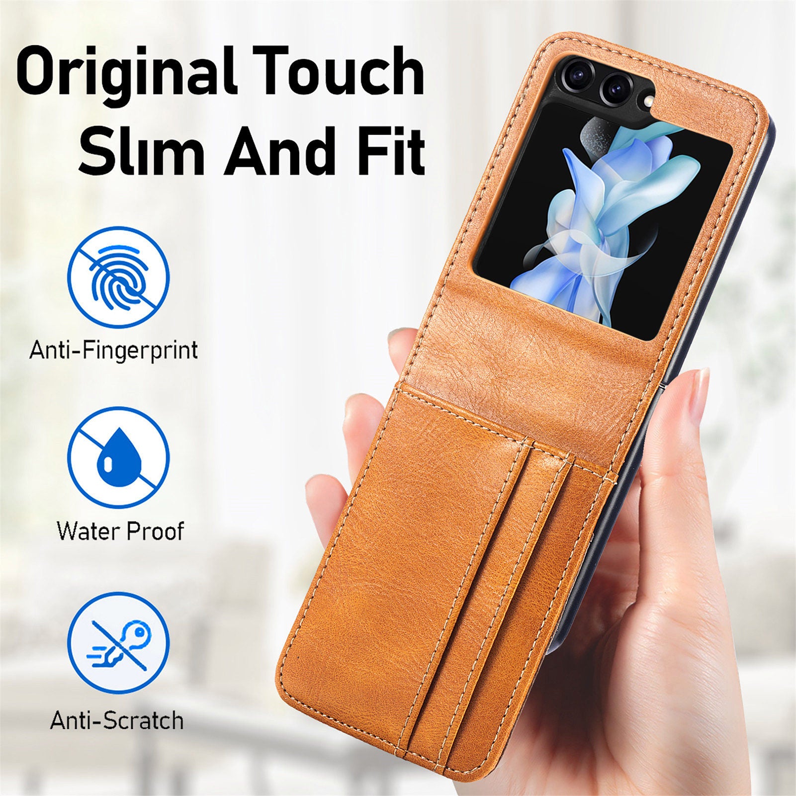 For Samsung Galaxy Z Flip6 5G Case Leather Phone Cover Card Slots Photo Frame Slot - Brown
