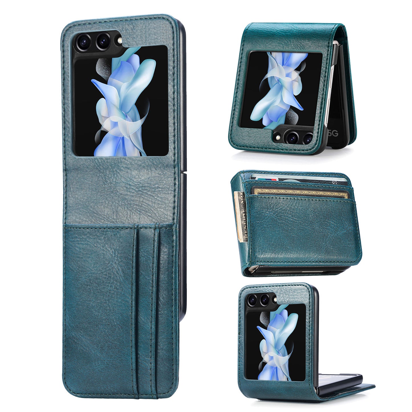 For Samsung Galaxy Z Flip6 5G Case Leather Phone Cover Card Slots Photo Frame Slot - Green