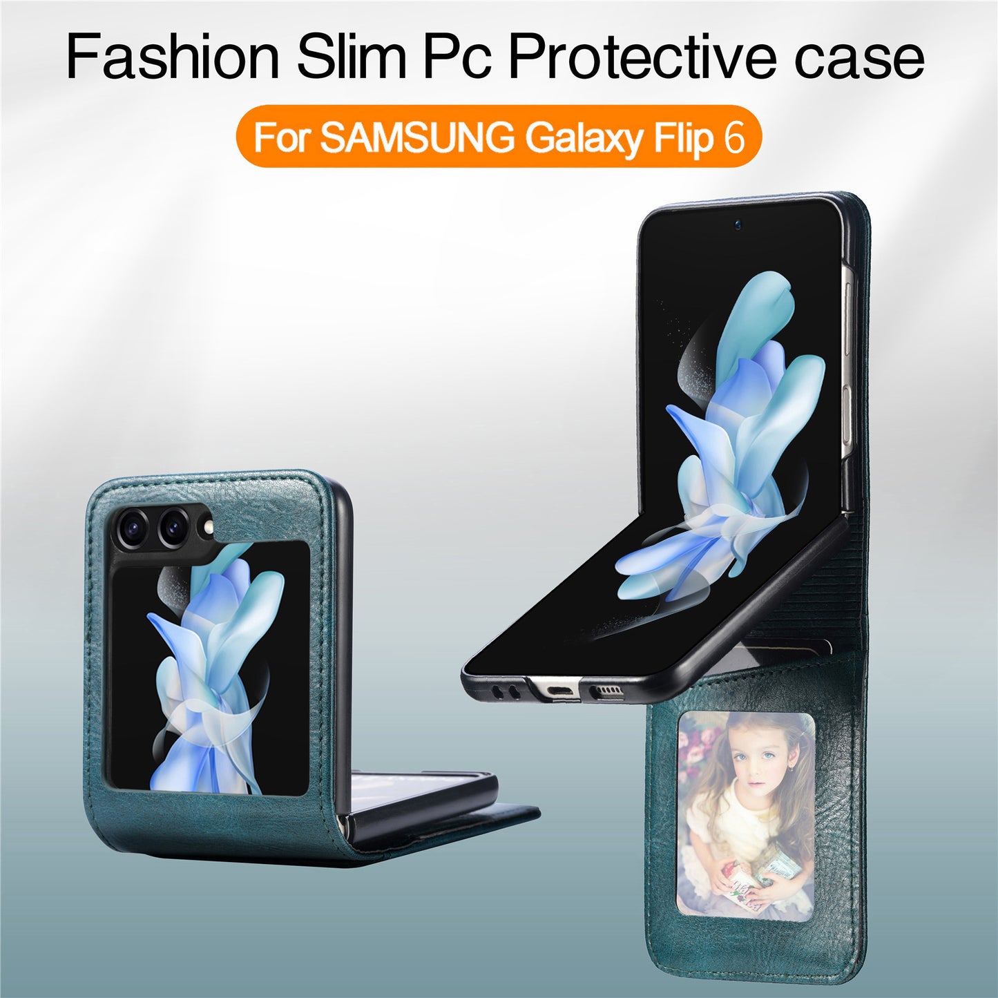 For Samsung Galaxy Z Flip6 5G Case Leather Phone Cover Card Slots Photo Frame Slot - Green