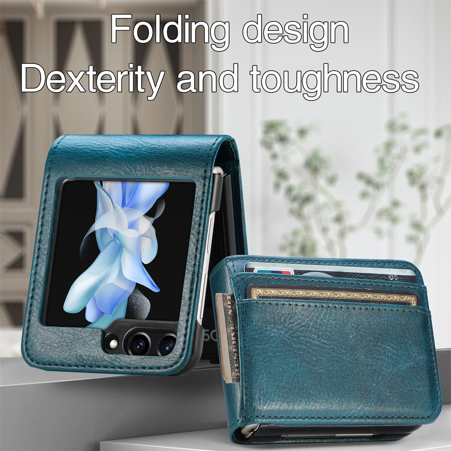 For Samsung Galaxy Z Flip6 5G Case Leather Phone Cover Card Slots Photo Frame Slot - Green