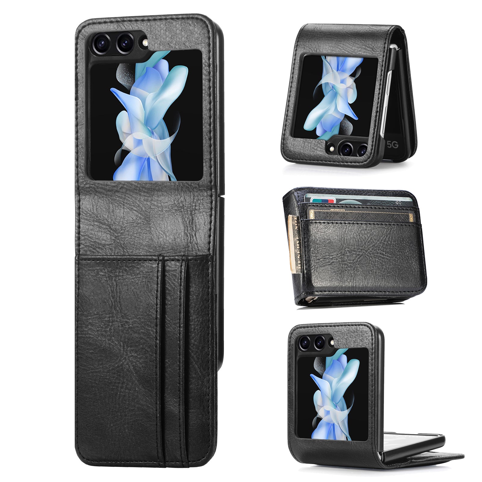 For Samsung Galaxy Z Flip6 5G Case Leather Phone Cover Card Slots Photo Frame Slot - Black